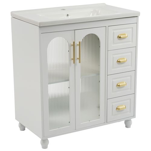 Meuble De Salle De Bain Vasque Avec 2 Portes Et 3 Tiroirs Blanc