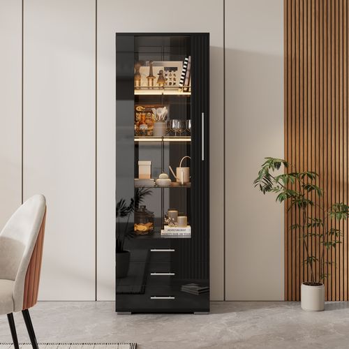 Vitrine Avec LED, 1 Porte Et 3 Tiroirs Noir