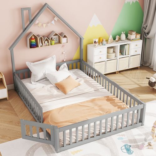 Lit Cabane Enfant 140 X 190 Cm En Bois Gris Avec Barrières De Sécurité – Design Maison