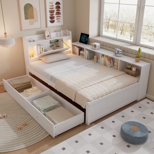 Lit Enfant 90 X 200 Cm Avec LED, 2 Tiroirs Et Plusieurs Séparateurs Blanc