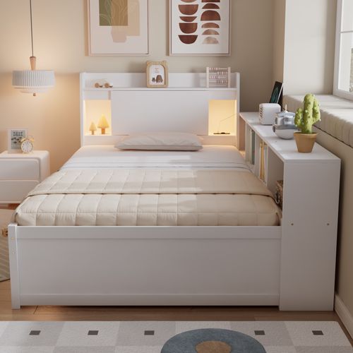 Lit Enfant 90 X 200 Cm Avec LED, 2 Tiroirs Et Plusieurs Séparateurs Blanc