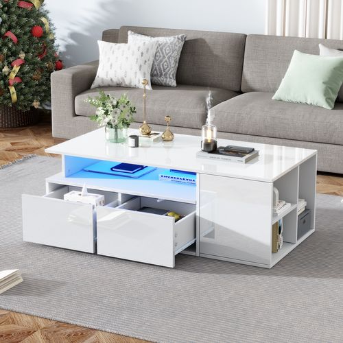 Table Basse Avec 2 Tiroirs Et LED 100 X 50 X 35 Cm Blanc