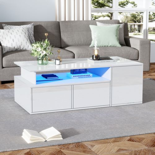 Table Basse Avec 2 Tiroirs Et LED 100 X 50 X 35 Cm Blanc