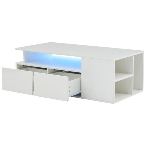 Table Basse Avec 2 Tiroirs Et LED 100 X 50 X 35 Cm Blanc
