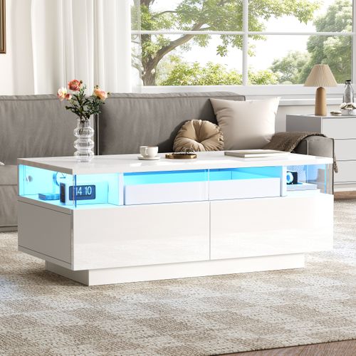 Table Basse Avec 2 Tiroirs Et LED 90 X 45 X 35.5 Cm Blanc