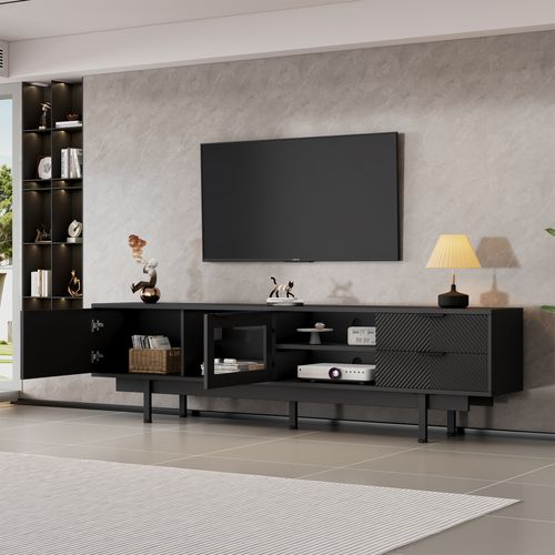 Meuble TV L.200 Cm Avec 2 Portes, 2 Niches Et 2 Tiroirs Noir