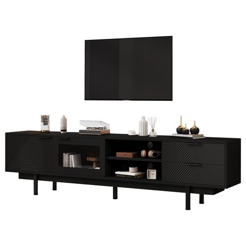 Meuble TV L.200 Cm Avec 2 Portes, 2 Niches Et 2 Tiroirs Noir