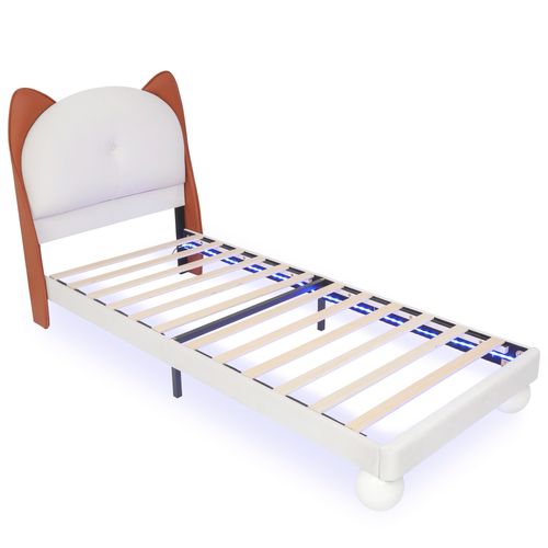 Lit Enfant 90 X 200cm Avec Tête De Lit Oreilles De Chat Et LED Pu Beige