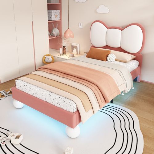 Lit Enfant 90 X 200cm Avec Tête De Lit En Arc Et LED Velours Rose