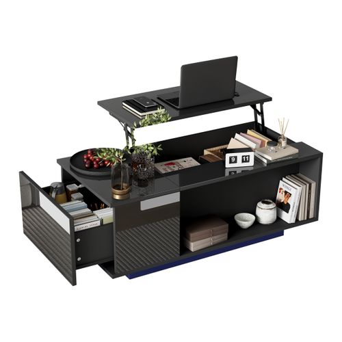 Table Basse Plateau Relevable Avec 1 Tiroir Et LED Noir