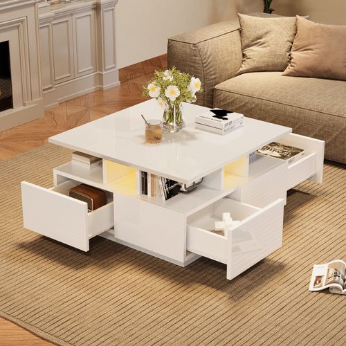Table Basse Avec 4 Tiroirs Et LED 70 X 70 X 40 Cm Blanc
