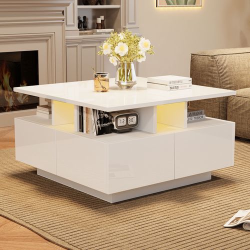 Table Basse Avec 4 Tiroirs Et LED 70 X 70 X 40 Cm Blanc