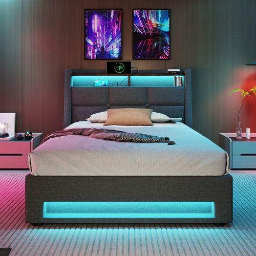 Lit Enfant Coffre 90 X 200cm Avec USB Et LED Lin Gris