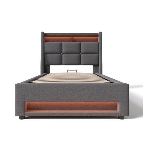 Lit Enfant Coffre 90 X 200cm Avec USB Et LED Lin Gris