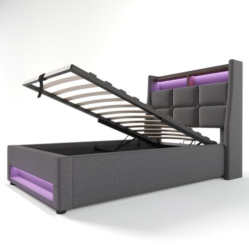 Lit Enfant Coffre 90 X 200cm Avec USB Et LED Lin Gris