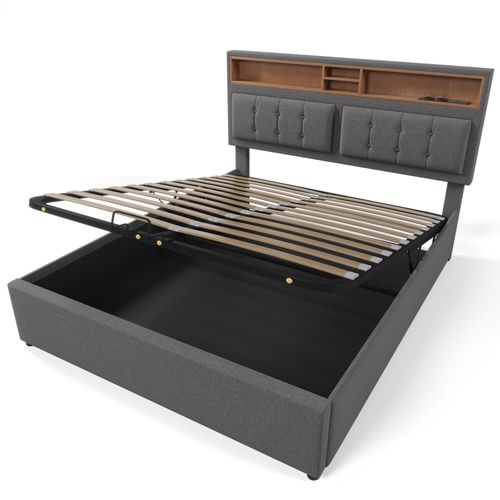 Lit Coffre 140 X 200cm Avec USB Et LED Lin Gris