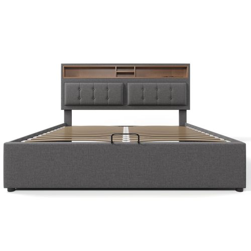 Lit Coffre 160 X 200cm Avec USB Et LED Lin Gris