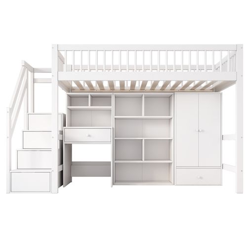 Lit Mezzanine 90 X 200 Cm Avec Bureau, Escalier, Casiers Et Armoire Blanc