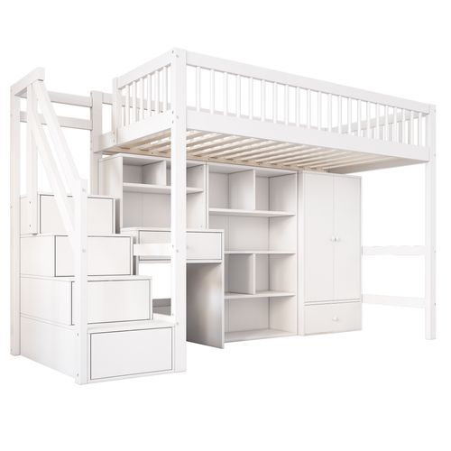 Lit Mezzanine 90 X 200 Cm Avec Bureau, Escalier, Casiers Et Armoire Blanc