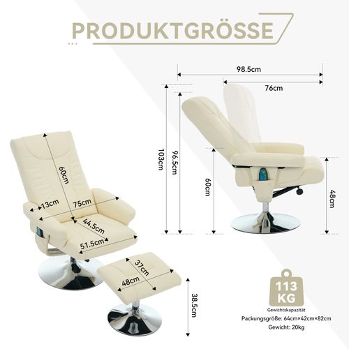 Fauteuil Relax 360° Pivotant + Repose-pieds Avec Fonctions De Massage Et De Chauffage Pu Beige