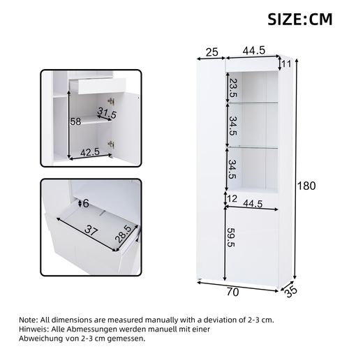 Vitrine 70 X 35 X 180cm Avec 1 Tiroir, 2 Portes Et 3 Étagères Blanc