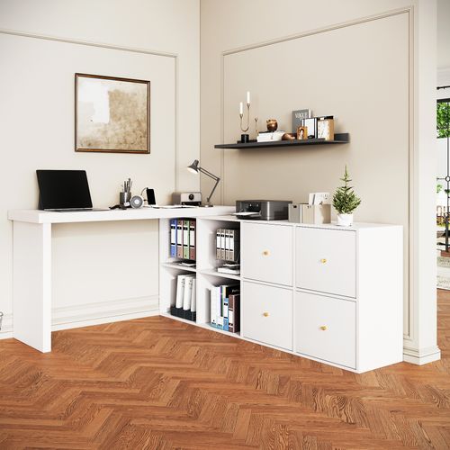 Bureau Droit Avec Plateau Rotatif à 360° Et 4 Tiroirs Blanc