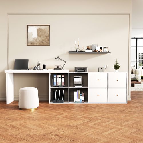 Bureau Droit Avec Plateau Rotatif à 360° Et 4 Tiroirs Blanc