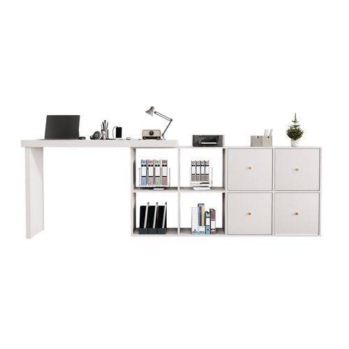 Bureau Droit Avec Plateau Rotatif à 360° Et 4 Tiroirs Blanc