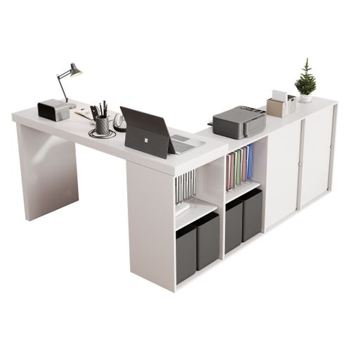 Bureau Droit Avec Plateau Rotatif à 360° Et 4 Tiroirs Blanc