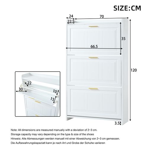 Meuble à Chaussures 70 X 24 X 120 Avec 3 Portes Abattantes Blanc