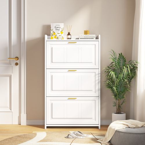 Meuble à Chaussures 70 X 24 X 120 Avec 3 Portes Abattantes Blanc