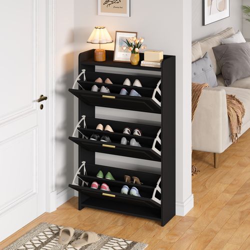 Meuble à Chaussures 70 X 24 X 120 Avec 3 Portes Abattantes Noir