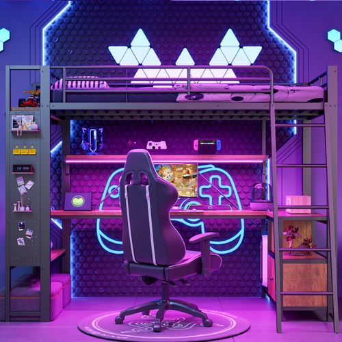 Lit Mezzanine 90 X 200cm Avec LED, USB, Bureau, Casiers Et Étagères Noir