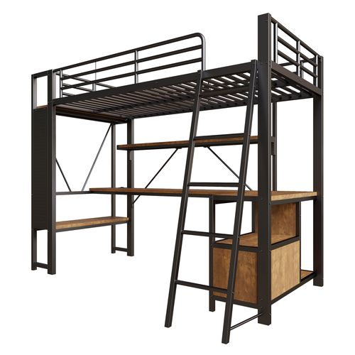 Lit Mezzanine 90 X 200cm Avec LED, USB, Bureau, Casiers Et Étagères Noir