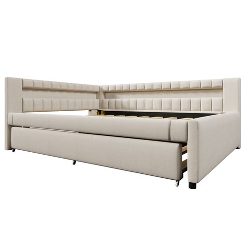 Lit Gigogne 140 X 200cm Avec Port USB Et Tête De Lit LED En Forme De L Lin Beige