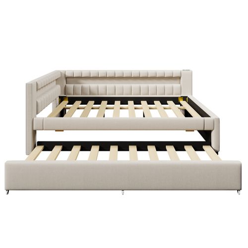 Lit Gigogne 140 X 200cm Avec Port USB Et Tête De Lit LED En Forme De L Lin Beige
