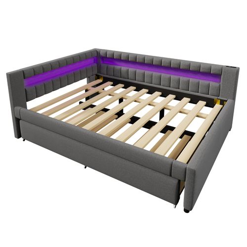 Lit Gigogne 140 X 200cm Avec Port USB Et Tête De Lit LED En Forme De L Lin Gris