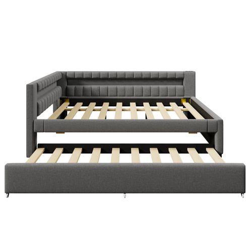 Lit Gigogne 140 X 200cm Avec Port USB Et Tête De Lit LED En Forme De L Lin Gris