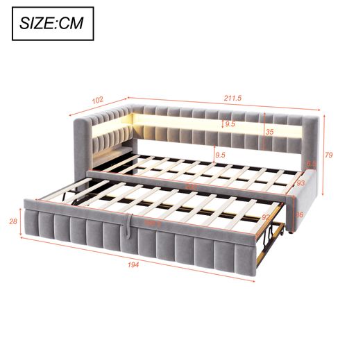 Lit Gigogne 90 X 200 Cm Avec Tête De Lit En Forme De L, LED Et Ports USB Velours Gris Clair