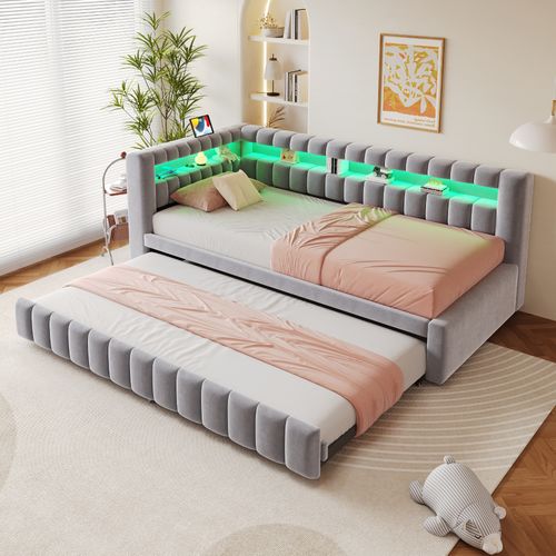 Lit Gigogne 90 X 200 Cm Avec Tête De Lit En Forme De L, LED Et Ports USB Velours Gris Clair