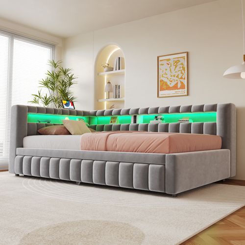 Lit Gigogne 90 X 200 Cm Avec Tête De Lit En Forme De L, LED Et Ports USB Velours Gris Clair
