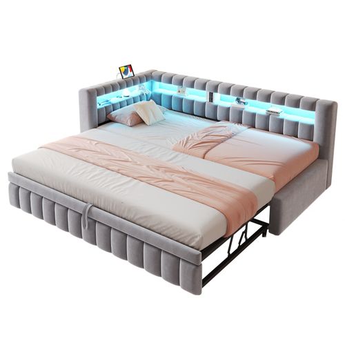 Lit Gigogne 90 X 200 Cm Avec Tête De Lit En Forme De L, LED Et Ports USB Velours Gris Clair