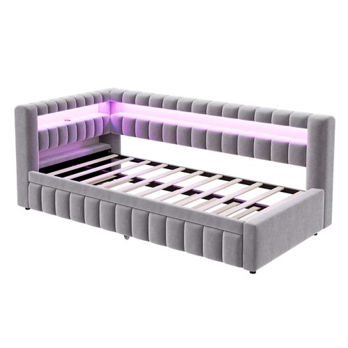 Lit Gigogne 90 X 200 Cm Avec Tête De Lit En Forme De L, LED Et Ports USB Velours Gris Clair