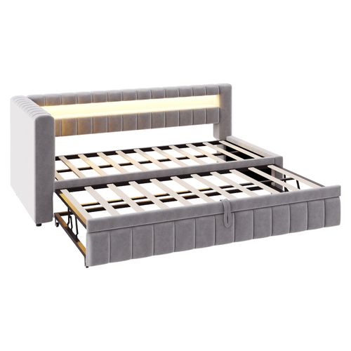 Lit Gigogne 90 X 200 Cm Avec Tête De Lit En Forme De L, LED Et Ports USB Velours Gris Clair