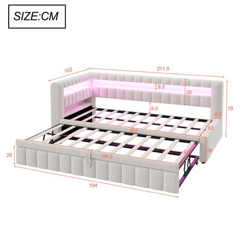 Lit Gigogne 90 X 200 Cm Avec Tête De Lit En Forme De L, Éclairage LED Et Ports USB Velours Beige