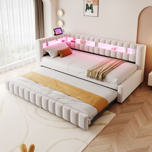 Lit Gigogne 90 X 200 Cm Avec Tête De Lit En Forme De L, Éclairage LED Et Ports USB Velours Beige