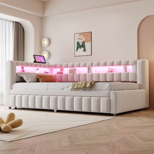 Lit Gigogne 90 X 200 Cm Avec Tête De Lit En Forme De L, Éclairage LED Et Ports USB Velours Beige