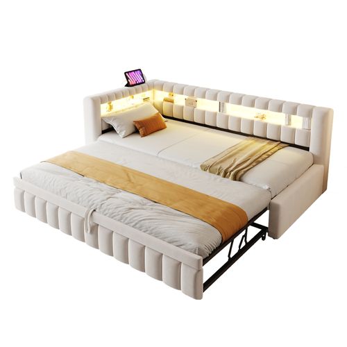 Lit Gigogne 90 X 200 Cm Avec Tête De Lit En Forme De L, Éclairage LED Et Ports USB Velours Beige