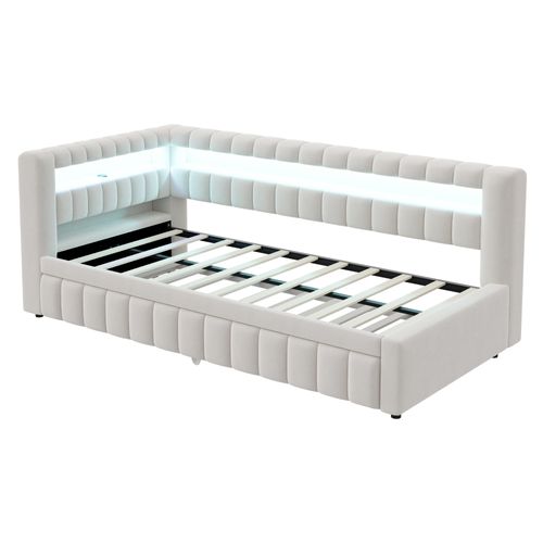Lit Gigogne 90 X 200 Cm Avec Tête De Lit En Forme De L, Éclairage LED Et Ports USB Velours Beige