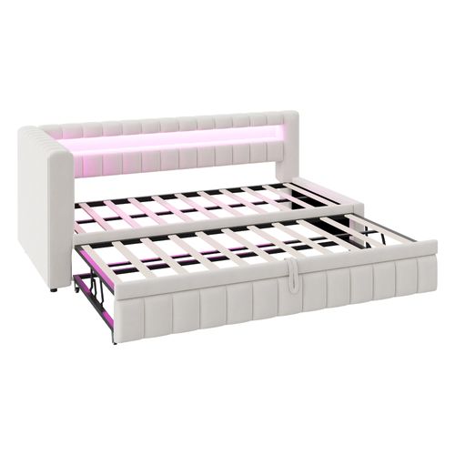 Lit Gigogne 90 X 200 Cm Avec Tête De Lit En Forme De L, Éclairage LED Et Ports USB Velours Beige